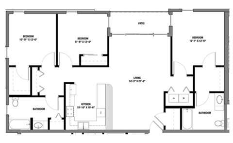 Floor plan for 3 beds, 2 baths, 845 sqft